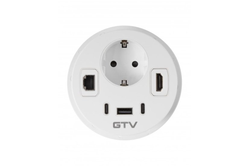 Vestavná zásuvka Rondo, 1x 230V (schuko), 1x USB-A + 2x USB-C nabíječka, 1x RJ45, 1x HDMI, kabel 1.5m, barva bílá
