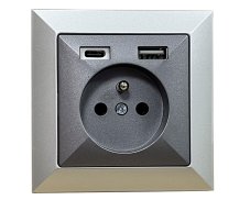Zásuvka v rámčeku, 1× 230 V / 16 A s USB A+C nabíjačkou, séria Pearl, pod omietku, farba strieborná a antracitová