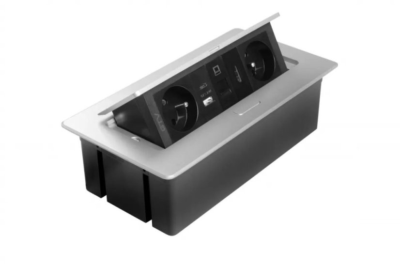 Výklopná zásuvka MULTISOFT, 2x 230V,  USB A/C nabíječka, RJ45, HDMI, barva stříbrná, kabel o délce 1.5m