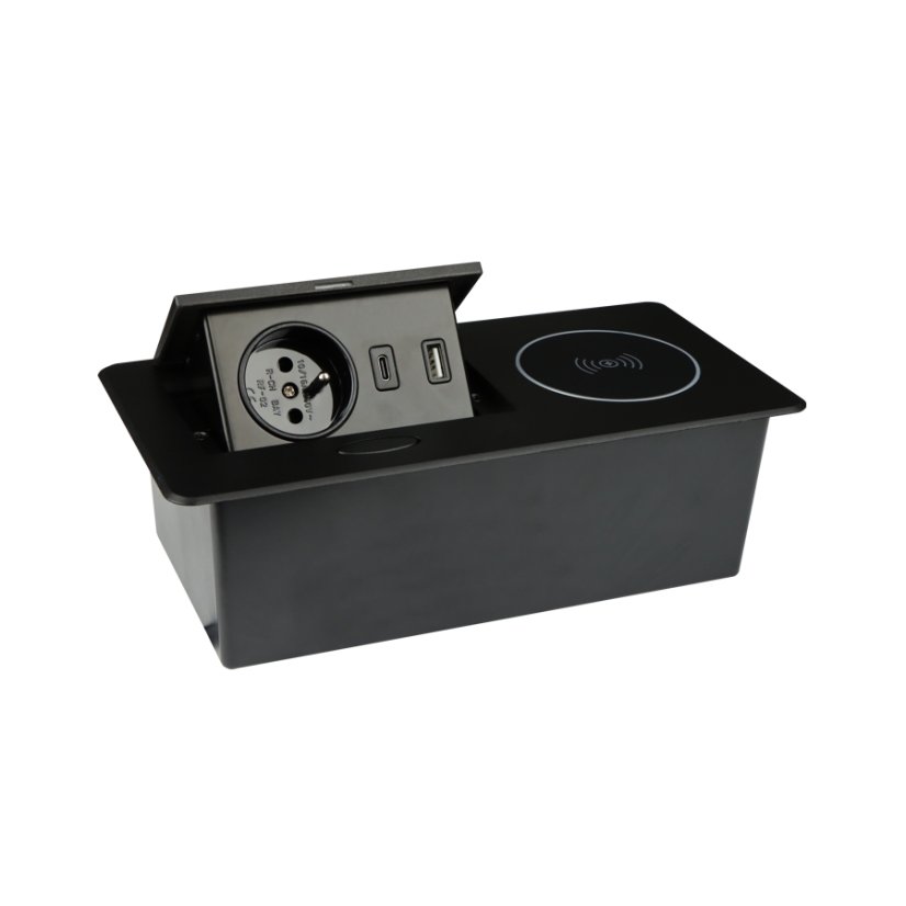 Výklopná zásuvka ZEOBOX, 1x 230V, indukční a 2x USB A+C nabíječka, kabel 1.5m, barva černá
