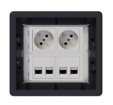 Podlahová zásuvka 2x 250V/16A (zásuvka biela) + 4x port RJ45 cat. 6, farba boxu grafitovo-šedá, pre zvýšené podlahy