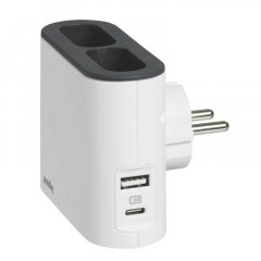 Extra plochá rozbočka, 2x bočná zásuvka 230V (2 x 2P / 6 A), 2x nabíjací USB A+C, s držiakom smartfónu – farba biela a tmavo šedá