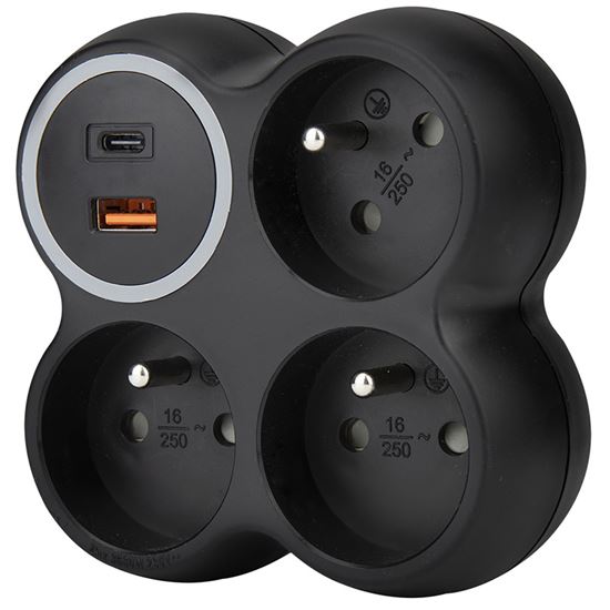 Rozbočka, 3x 15A, USB A+C rychlonabíječka 20W PD, matná černá