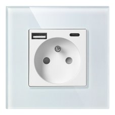 Zásuvka 1x 230V s USB-A + USB-C nabíjačkou, PD 20W, rámček sklo, pod omietku, farba biela