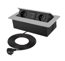 Zásuvka výklopná 2 x 230V + 2x USB A+C nabíječkou 5V, IP20, max. příkon 3680W, délka kabelu 1.5 m, barva stříbrná
