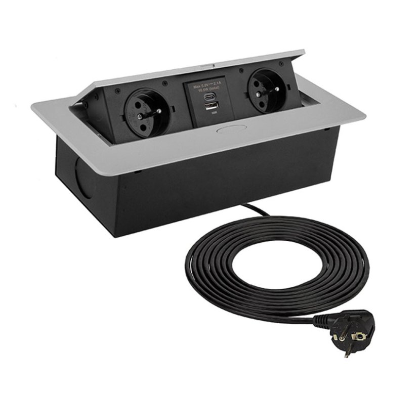 Zásuvka výklopná 2 x 230V + 2x USB A+C nabíječkou 5V, IP20, max. příkon 3680W, délka kabelu 1.5 m, barva stříbrná