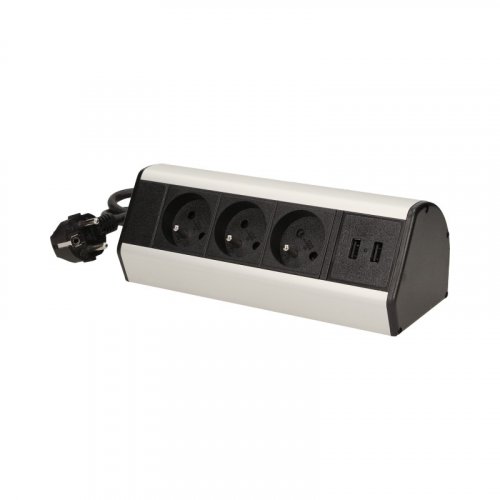 Stolná zásuvka so svorkami, 3x zásuvka, 2x USB nabíjací port, farba čierno-strieborná, kábel 1.8m