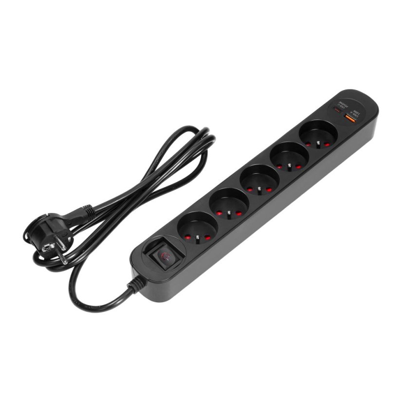 Přepěťová zásuvková lišta 5×230 V, USB-A + USB-C 20 W, 1,5 m, plochá vidlice, černá