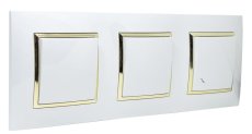 Vypínače 1x střídavý "schodišťák" + 2x jednopólový, řazení č.6 + 1, 10AX 250V ve dvojnásobném rámečku pod omítku, bílé barvy se zlatým ozdobným rámem