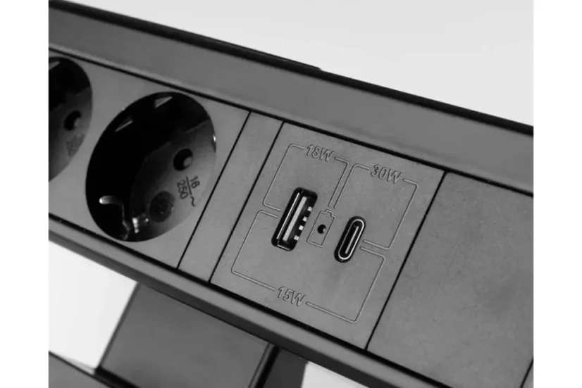 Stolní blok NICO, 3x zásuvka 230V (schuko), 2x nabíjecí USB A+C 30W, kabel 1.5m, barva černá