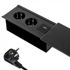 Zásuvkový blok s posuvným krytom v čiernej farbe, x 230V, 2x USB nabíjačka A+C, kábel 1.5m