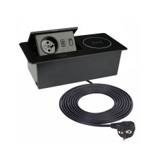 Výklopná zásuvka ZEOBOX, 1x 230V, indukční a 2x USB A+C nabíječka, kabel 1.5m, barva černá