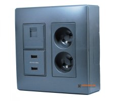 Nástenný box S500, 1x dvojzásuvka 250V, 2x USB nabíjačka, 1x RJ45, farba grafitovo-šedá