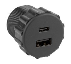 Vstavaná 2x USB A+C nabíjačka s priemerom 35 mm v čiernej farbe, kábel + zdroj