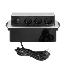 Výsuvný obdélníkový blok, 3x zásuvka, 2x USB nabíjecí, hliník, kabel 2m