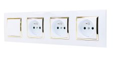 Zásuvky 3x 250V/16A + 1x vypínač č.1 v rámečku pod omítku, bílé barvy se zlatým lesklým ozdobným rámem