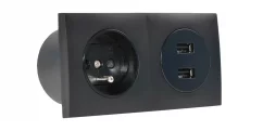Zásuvkový blok zapustený v čiernej farbe, 1x zásuvka 250V + 2x USB-A nabíjačka, kábel 1.5m