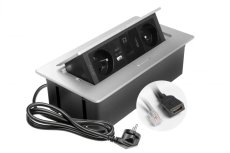 Výklopná zásuvka MULTISOFT, 2x 230V,  USB A/C nabíječka, RJ45, HDMI, barva stříbrná, kabel o délce 1.5m