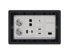 Podlahová zásuvka 2x 250V/16A, USB nabíjačka A+C, 2x RJ45 cat.6, 1x HDMI, 2x USB-A dáta, 1x Mini-jack 3.5mm, farba boxu grafitovo-šedá, s puzdrom pre liate podlahy