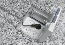 Nerezový podlahový box so 4× zásuvkou 230 V do liatej podlahy, veko pre podlahovú krytinu do 20 mm
