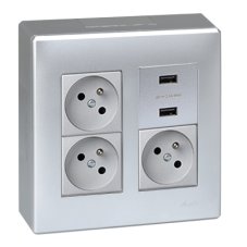 Nástenný box S500, 3x zásuvka 250V + 2x USB nabíjačka, bez kábla, povrch hliník