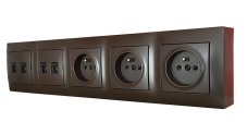 Zásuvkový blok nástenný 3x 250V/16A + 4x RJ45 cat.6, bez kábla, farba hnedá