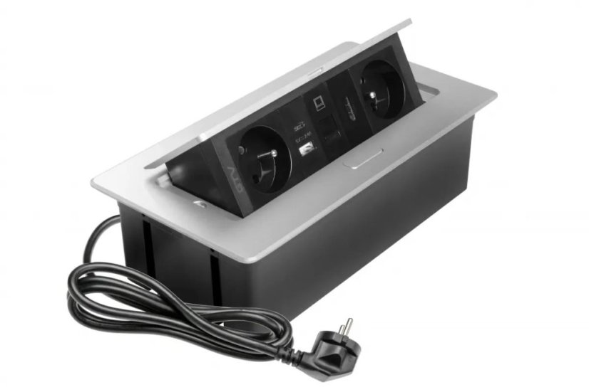 Výklopná zásuvka MULTISOFT, 2x 230V,  USB A/C nabíječka, RJ45, HDMI, barva stříbrná, kabel o délce 1.5m