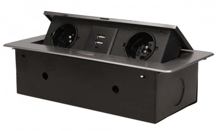 Stolný zásuvkový blok s frézovaným krytom, 2 zásuvky 230V, 2x USB nabíjačka 5V, farba grafitová, bez kábla