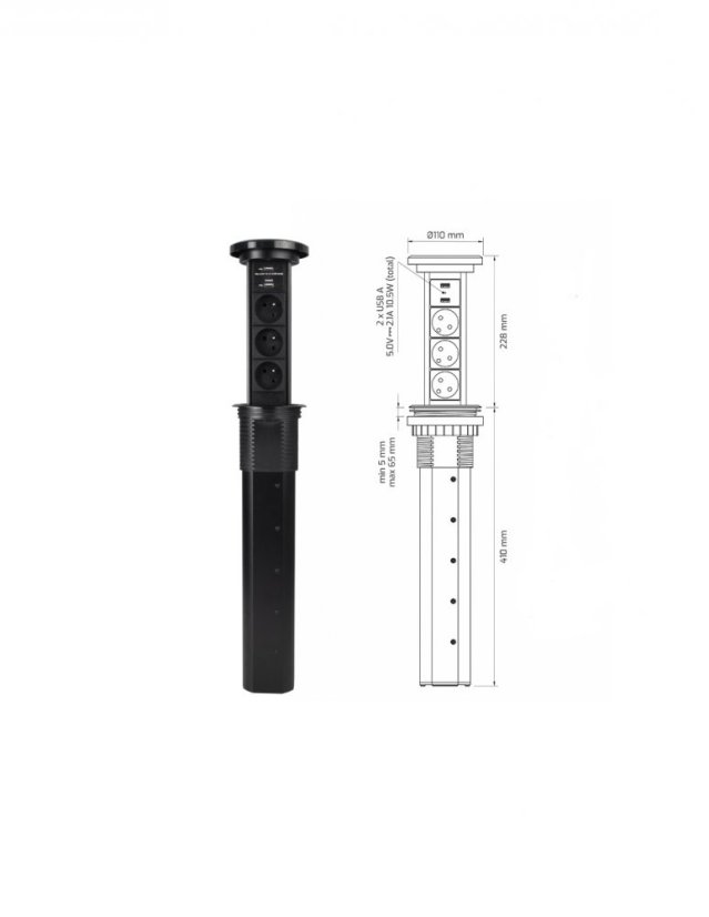 Automaticky výsuvný blok LIFT BOX USB, 3x zásuvka 230V, 2x USB nabíjačka + bezdrôtová nabíjačka, kábel 2m, farba čierna