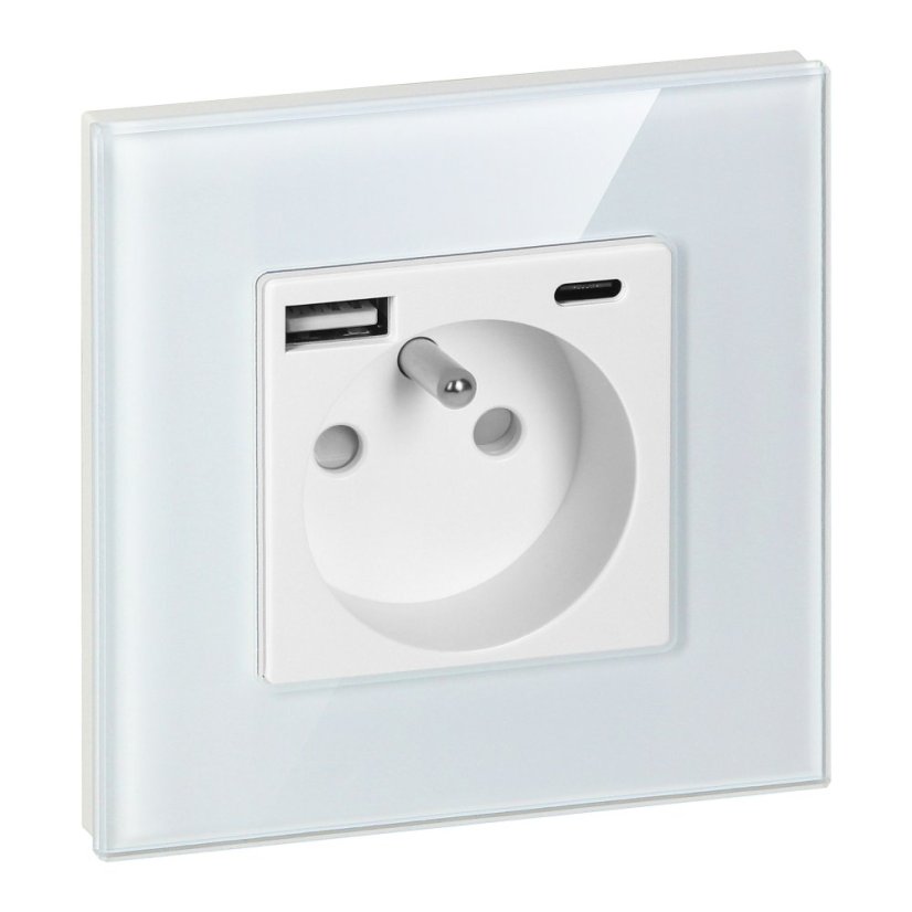 Zásuvka 1x 230V s USB-A + USB-C nabíječkou, PD 20W, rámeček sklo, pod omítku, barva bílá