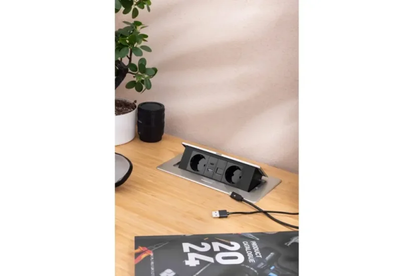 Výklopná zásuvka MULTISOFT, 2x 230V schuko,  USB A/C nabíječka, RJ45, barva stříbrná, kabel o délce 1.5m