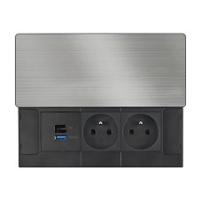 Zásuvkový blok vestavný, 2x 230V, posuvný kryt, USB A+C 20W PD, kabel 2 m, barva stříbrná