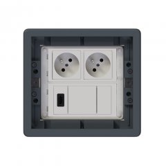 Podlahová zásuvka 2x 250V/16A (zásuvka bílá) + 1x port HDMI 2.0, víko s protiskluzovým krytem, barva boxu šedá, pro zvýšené podlahy