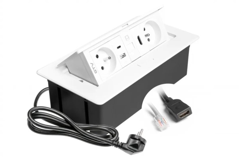 Výklopná zásuvka MULTISOFT, 2x 230V,  USB A/C nabíječka, RJ45, HDMI, barva bílá, kabel o délce 1.5m