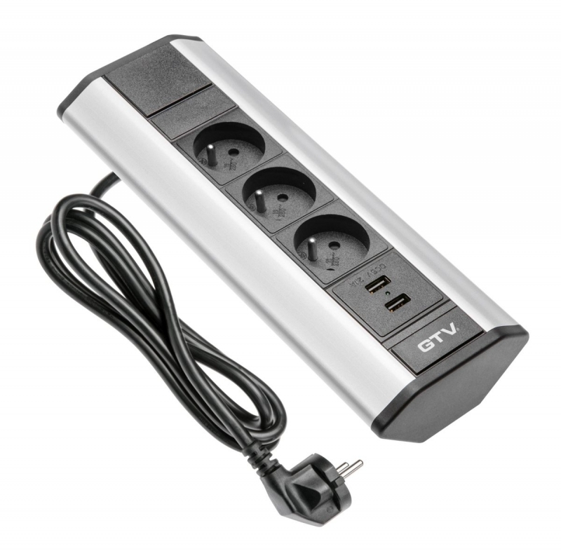 Rohový zásuvkový blok 3x230V,  2xUSB 2.1A 5V, stříbrno-černý, kabel 1.5m