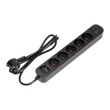 Přepěťová zásuvková lišta 5×230 V, USB-A + USB-C 20 W, 1,5 m, plochá vidlice, černá
