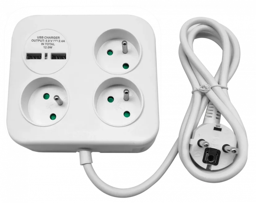 Štvorcový napájací blok s 3x zásuvkou 230V a 2x USB-A nabíjačkou 5V, kábel 1.4m