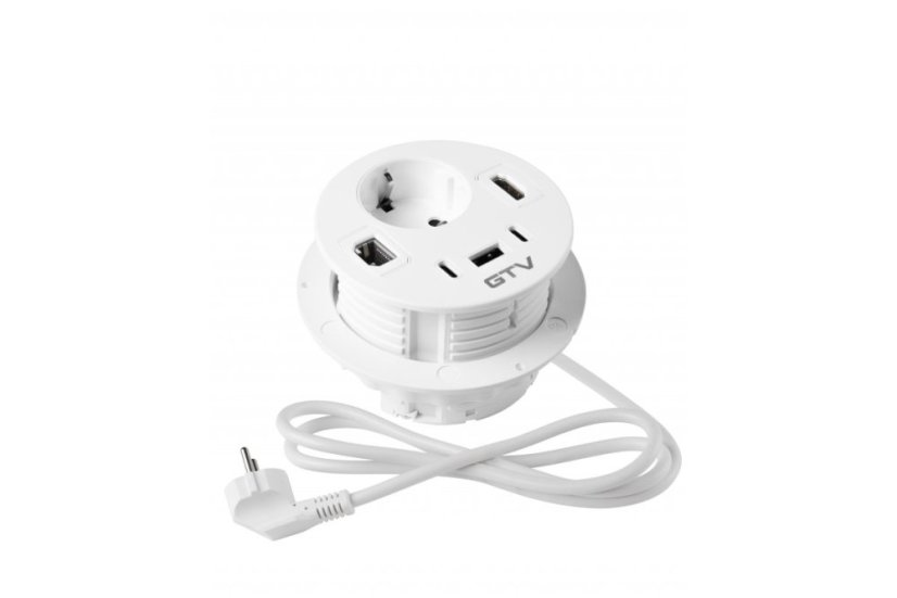 Vestavná zásuvka Rondo, 1x 230V (schuko), 1x USB-A + 2x USB-C nabíječka, 1x RJ45, 1x HDMI, kabel 1.5m, barva bílá