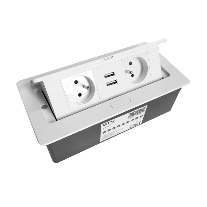 Výklopný blok zapuštěný, 2x zásuvka, 2x USB nabíjecí, barva bílá, kabel o délce 1.5m