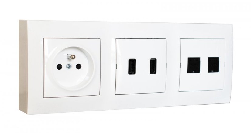 Zásuvkový blok nástěnný 1x 250V/16A, 2x USB nabíječka, 2x RJ45, bez kabelu, barva bílá lesklá
