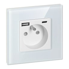 Zásuvka 1x 230V s USB-A + USB-C nabíječkou, PD 20W, rámeček sklo, pod omítku, barva bílá