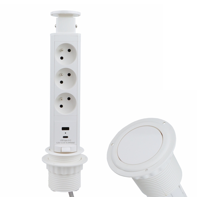 Výsuvná zásuvka, 3x 250V, 2x USB A+C nabíječka, kabel 1.5 m, barva bílá