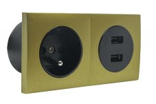 Zásuvkový blok zapuštěný ve zlaté barvě, 1x zásuvka 230V + 2x USB-A nabíječka, kabel 1.5m