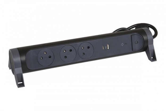 Prodlužovací přívod otočný, 3x zásuvka 230V, USB nabíječka A+C, přepěťová ochrana, vypínač, kabel 1.5m, barva tmavě šedá - černá