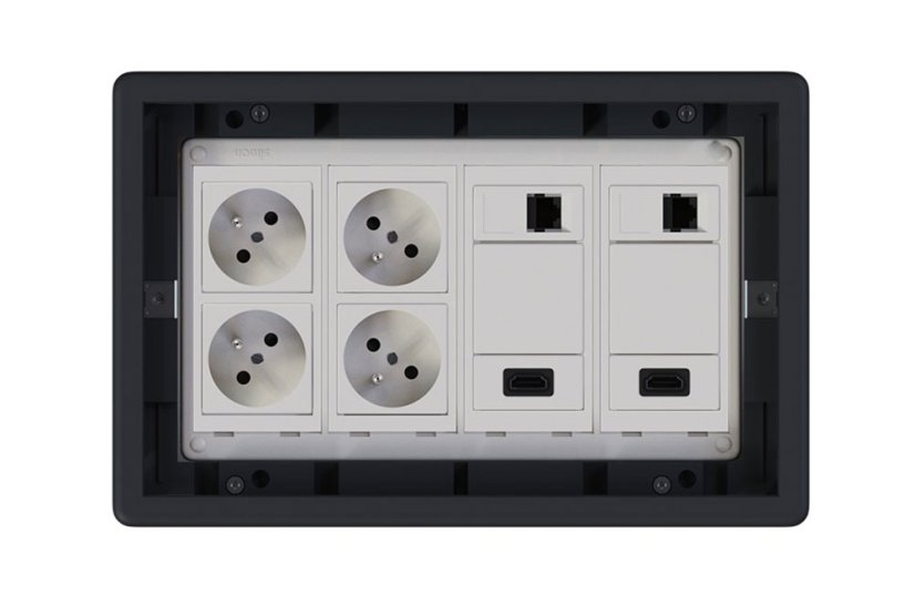 Podlahová zásuvka 4x 250V/16A + 2x RJ45 cat.6 + 2x HDMI, barva boxu grafitově-šedá, s pouzdrem pro lité podlahy