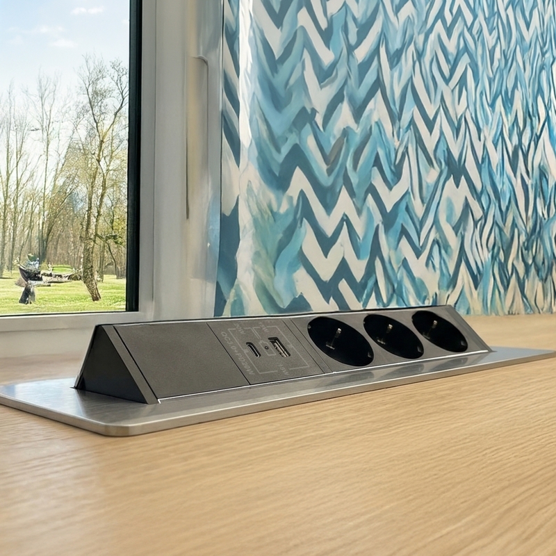 Výklopná zásuvka FLIX BOX,  3x 230 V,  USB-A QC 3.0 + USB-C PD, kabel 1,5m, broušená ocel