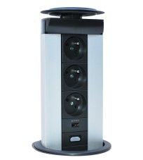 Výsuvná zásuvka TELEBLOK, 3x zásuvka 250V/16A, 1x USB nabíječka, 1x HDMI, víko s gumovou průchodkou, barva stříbrno-černá, kabely 2m