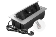 Výklopná zásuvka MULTISOFT, 2x 230V schuko, USB A/C nabíjačka, RJ45,  farba strieborná, kábel o dĺžke 1.5m
