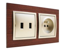 Zásuvka jednonásobná 250V /16A s 2x USB nabíjačkou v drevenom rámčeku orech / zlato, kryty prístrojov v zlatej metalizované farbe