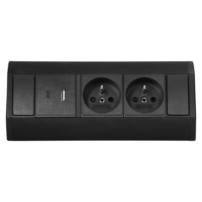 Rohový zásuvkový blok, 2x zásuvka 230V + 2x USB nabíječka A+C 5V, barva černá